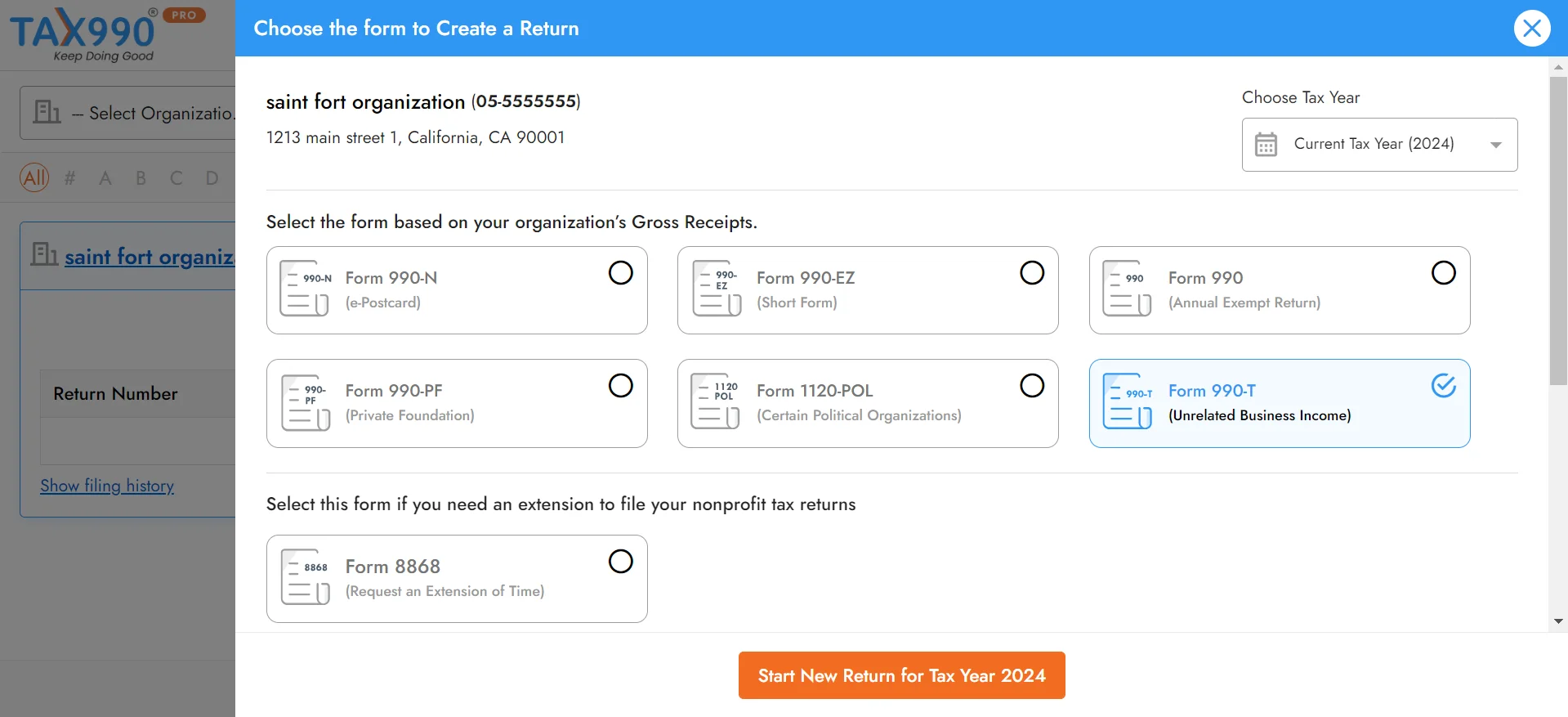 Choose Form 990-T Tax Year