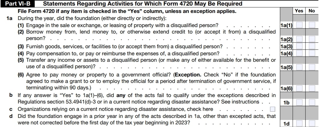 Part VI-B - Statements Regarding Activities for Which Form 4720 May Be Required