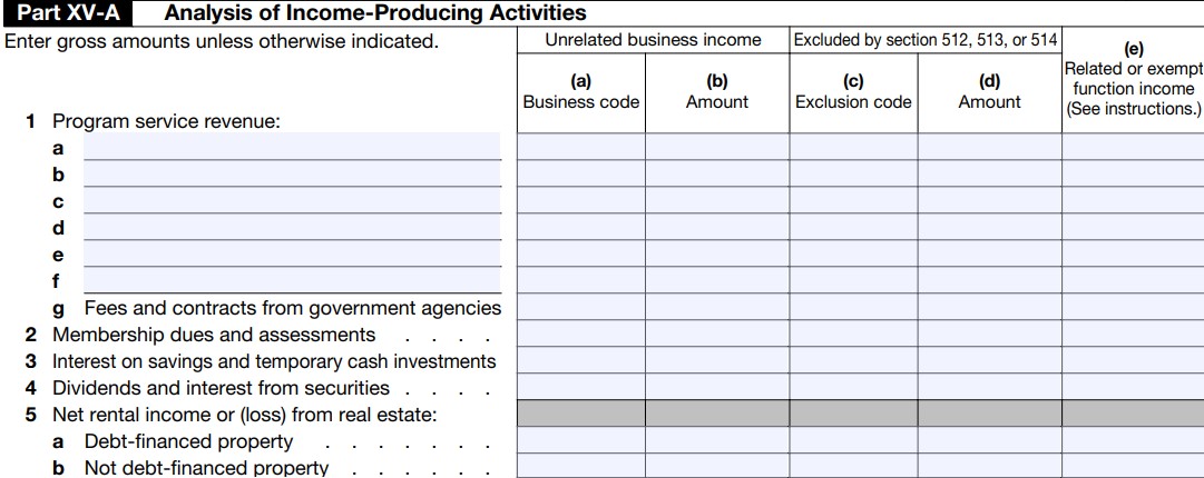 Part XV-A - Analysis of Income-Producing Activities