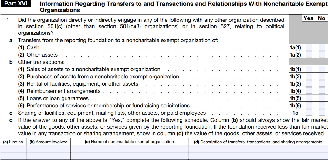 Part XVI - Information Regarding Transfers To and Transactions and Relationships With Noncharitable Exempt Organizations